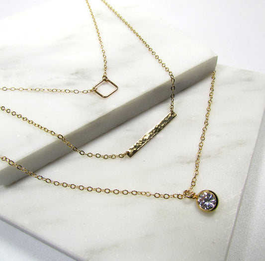 Layered Necklace Set | Geometric Square, Hammered Bar & Long CZ Charm Necklace