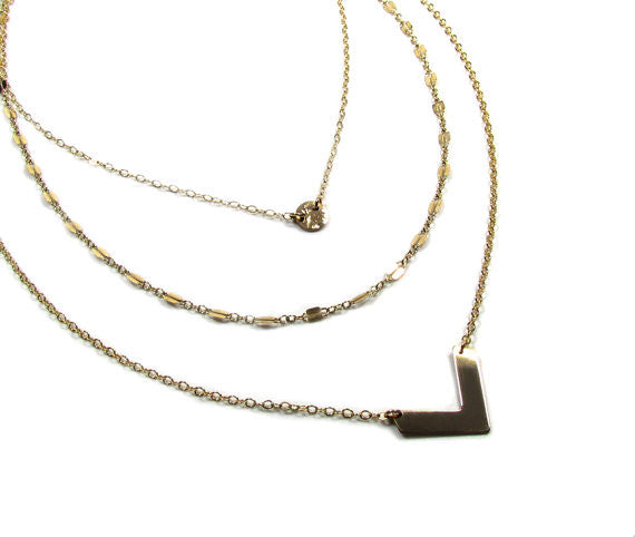 Set of 3 Layering Necklaces | Tiny Hammered Disc, Lace Chain & Chevron Layers