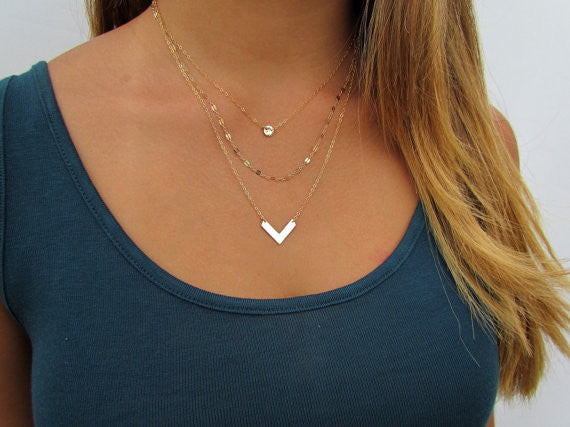 Set of 3 Layering Necklaces | Tiny Hammered Disc, Lace Chain & Chevron Layers