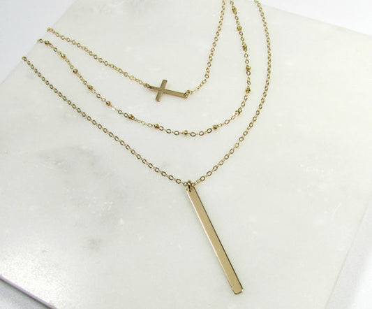 Layered Necklace Set | Sideways Cross, Beaded Chain & Vertical Bar Necklace