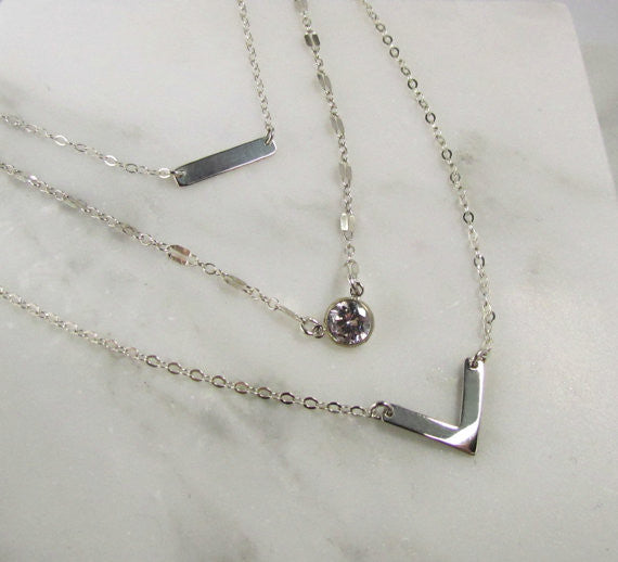 Set of 3 Layering Necklaces | Tiny Dash Bar, Lace Reflective Chain & Small Chevron Necklace
