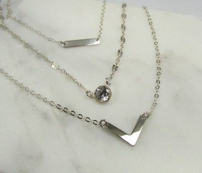 Set of 3 Layering Necklaces | Tiny Dash Bar, Lace Reflective Chain & Small Chevron Necklace