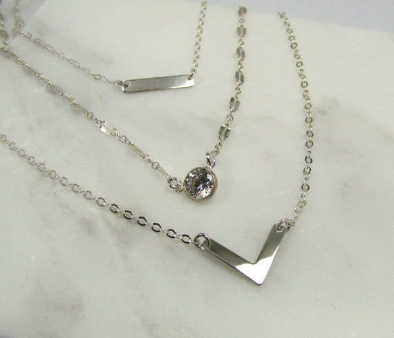 Set of 3 Layering Necklaces | Tiny Dash Bar, Lace Reflective Chain & Small Chevron Necklace