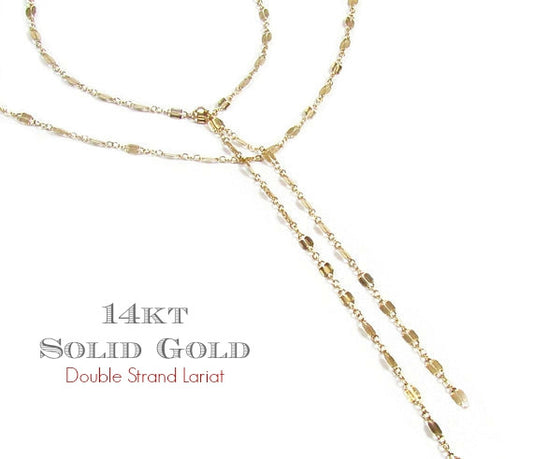 14K Solid Gold Double Strand Lariat Necklace | Yellow Gold Y Necklace