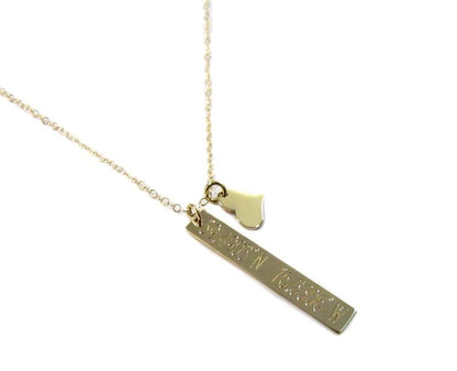 Engraved Vertical Bar Necklace with Heart Charm | Solid 14K Gold | Personalized Fine Jewelry Gift