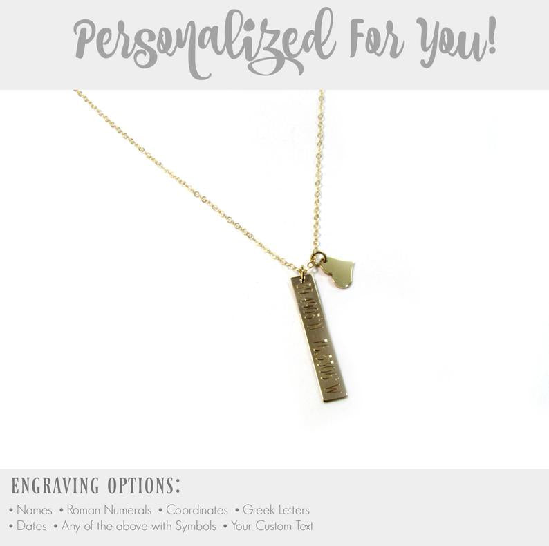 Engraved Vertical Bar Necklace with Heart Charm | Solid 14K Gold | Personalized Fine Jewelry Gift