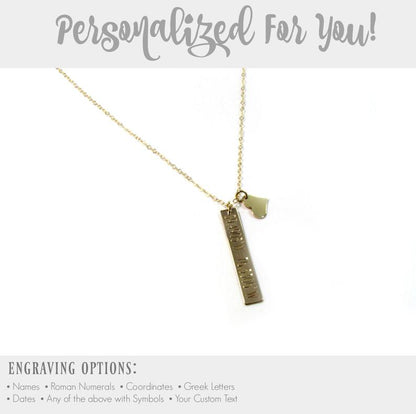 Engraved Vertical Bar Necklace with Heart Charm | Solid 14K Gold | Personalized Fine Jewelry Gift