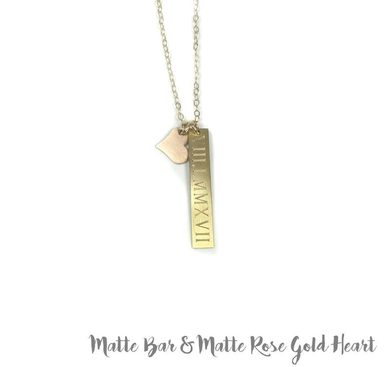 Engraved Vertical Bar Necklace with Heart Charm | Solid 14K Gold | Personalized Fine Jewelry Gift
