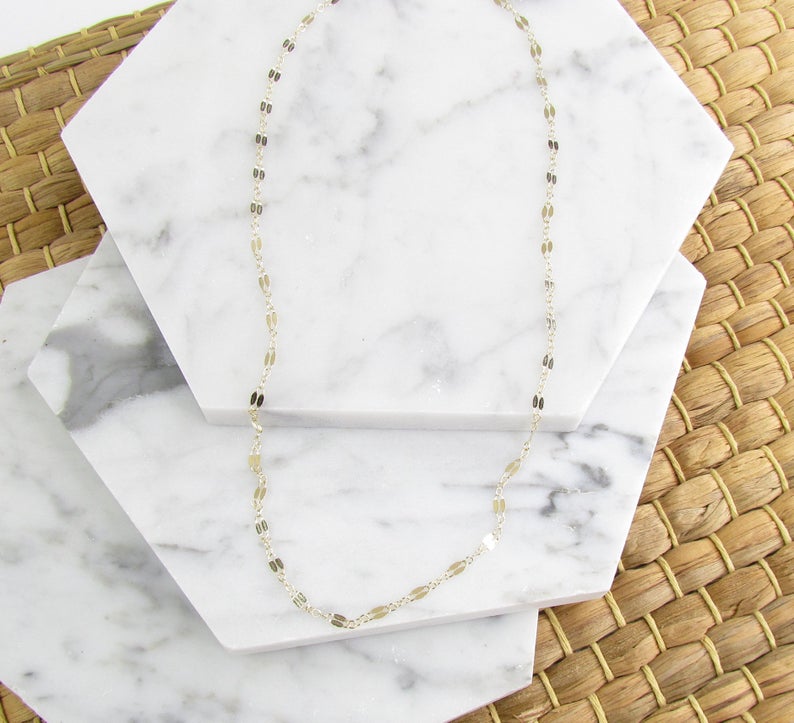 14K Solid Gold Lace Chain Choker | Reflective Mirror Bar Necklace