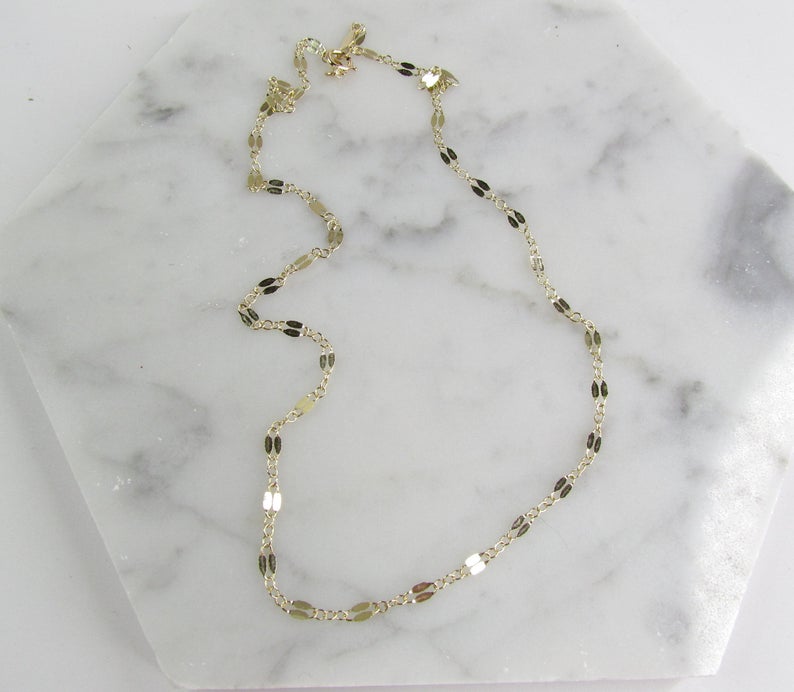 14K Solid Gold Lace Chain Choker | Reflective Mirror Bar Necklace