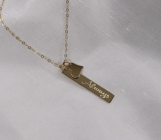 Engraved Vertical Bar Necklace with Heart Charm | Solid 14K Gold | Personalized Fine Jewelry Gift