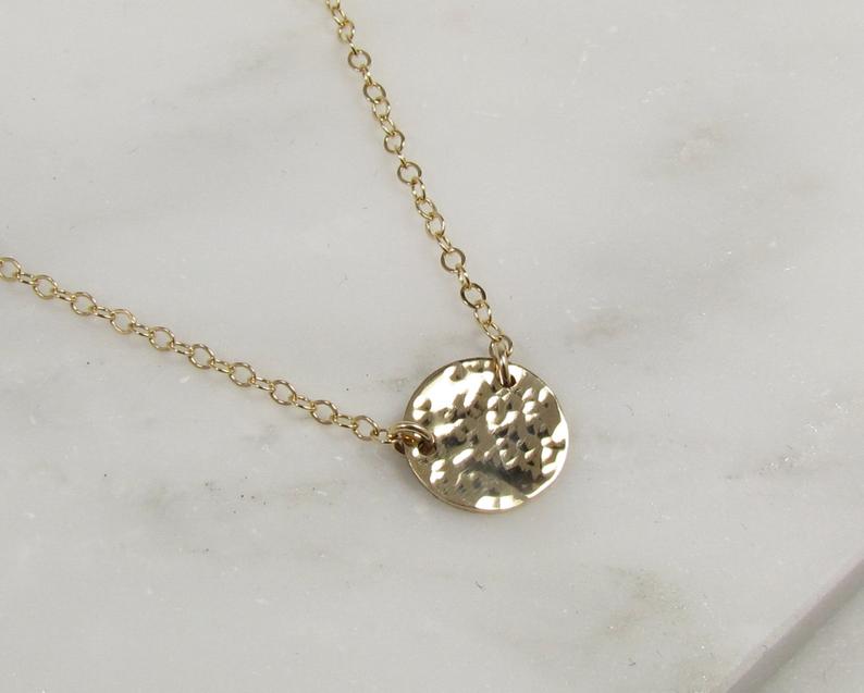 14K Solid Gold Hammered Disc Necklace | Minimalist Textured Pendant | Fine Jewelry