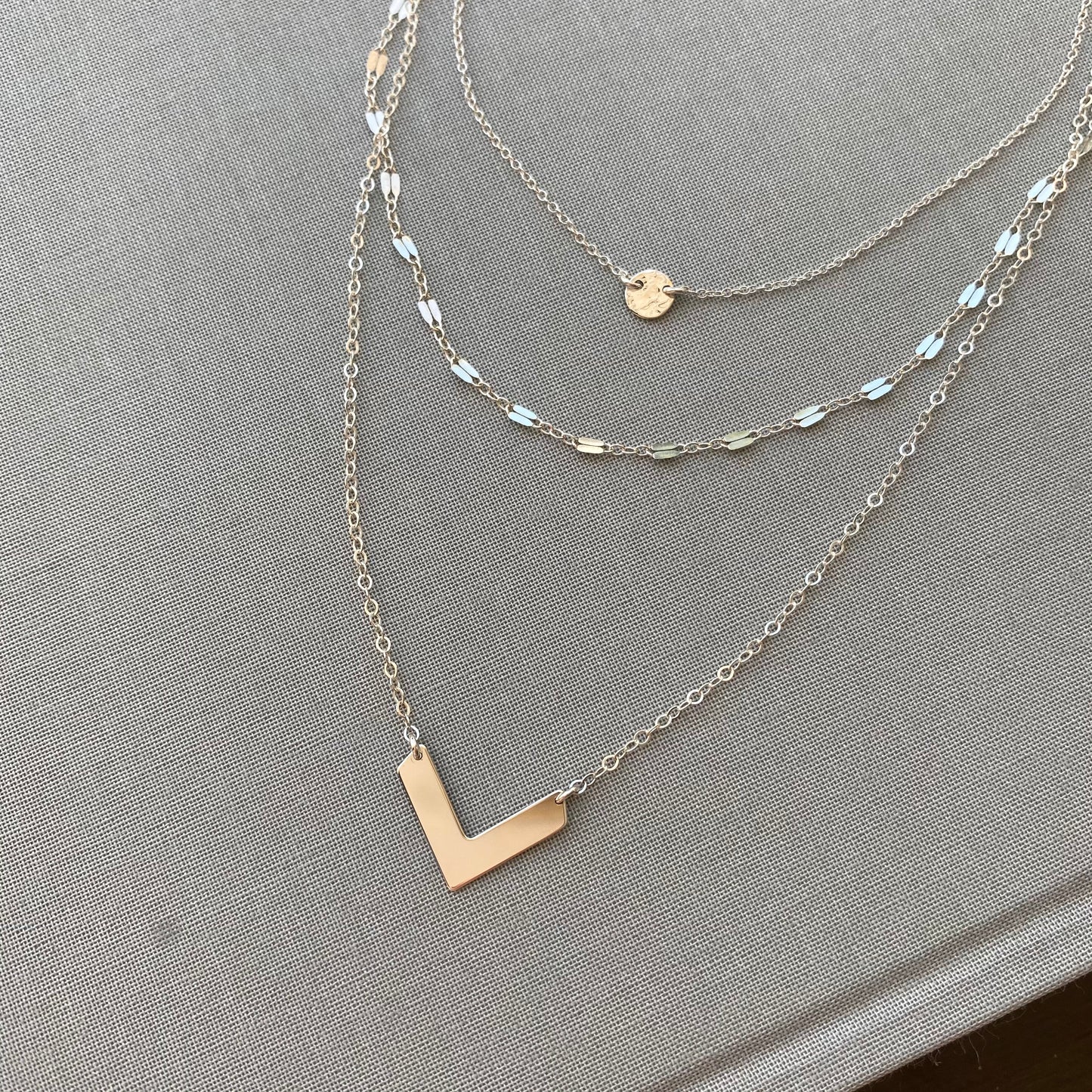 Set of 3 Layering Necklaces | Tiny Hammered Disc, Lace Chain & Chevron Layers