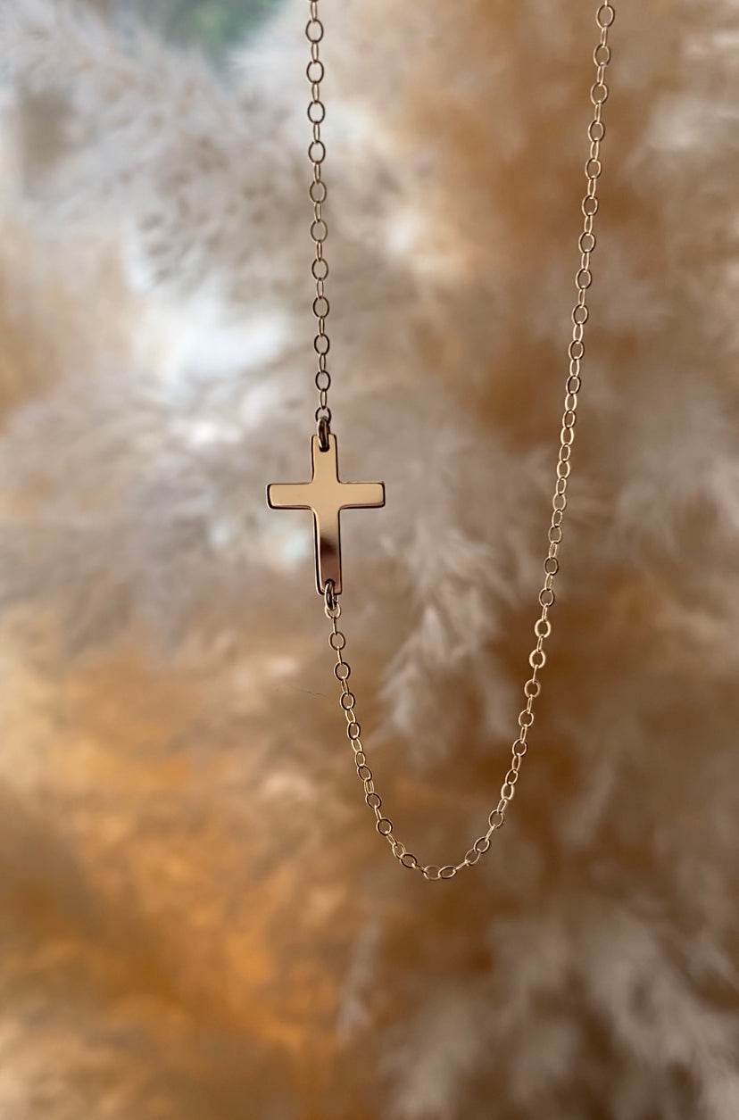 14K Gold Tiny Sideways Cross Necklace