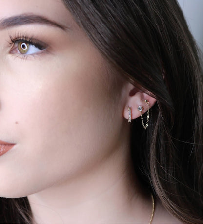 14K CZ & Ball Stud Handcuff Earrings | Double Piercing Gold Earrings | Chain Linked Studs