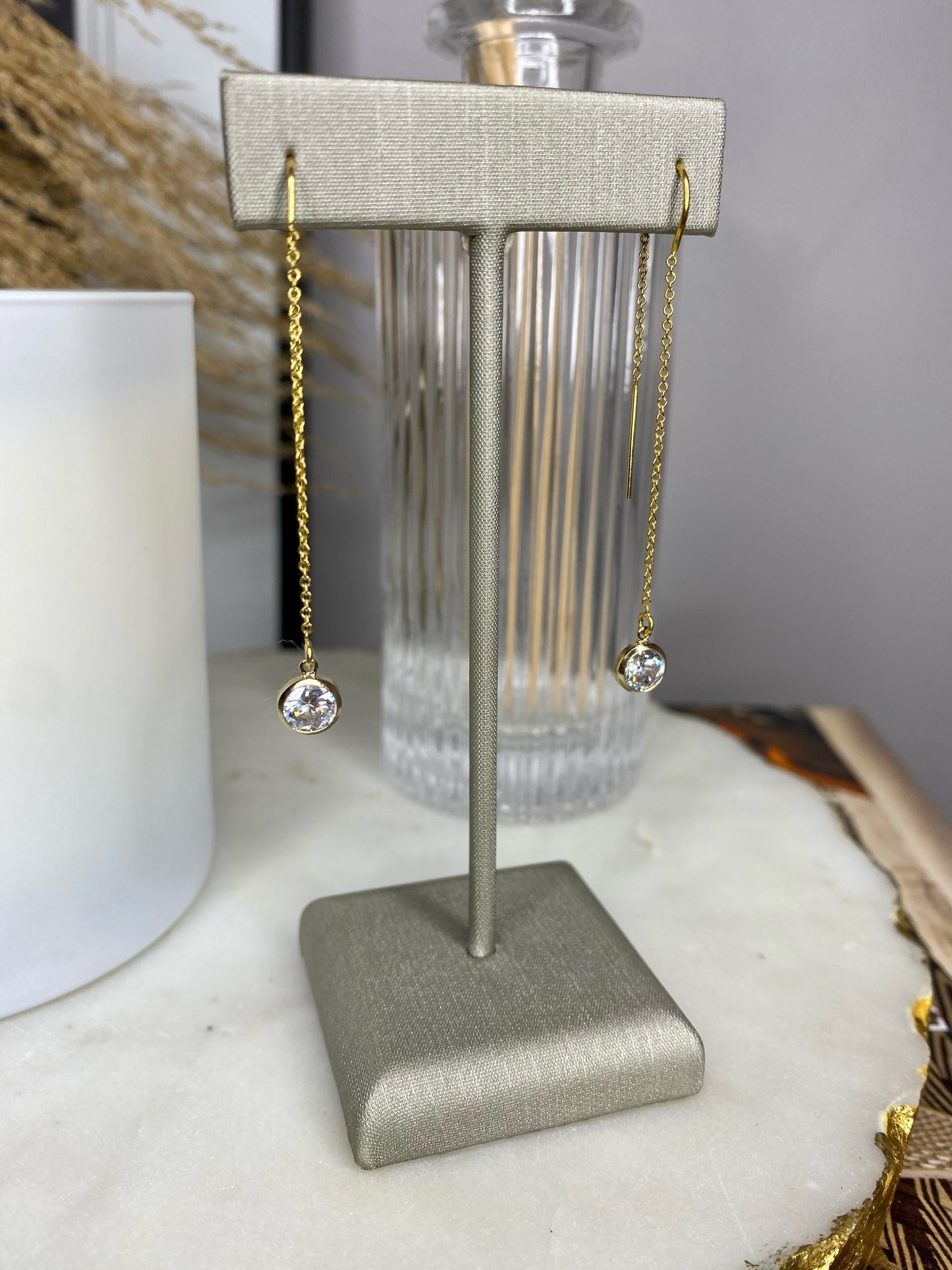 CZ Drop Threader Earrings | Box Chain Thread Thru Earrings