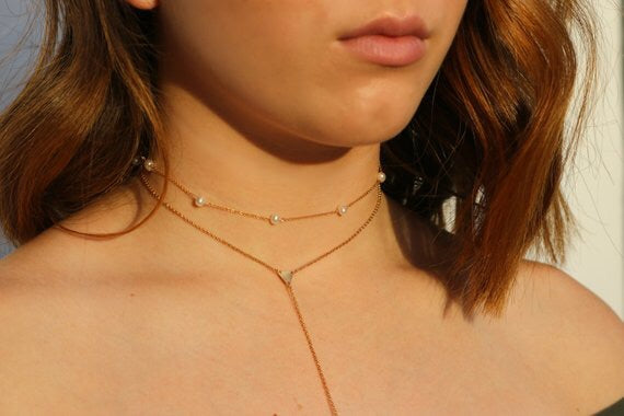 Freshwater Pearl Tin Cup Choker Necklace | 14K Gold Filled Station Chain