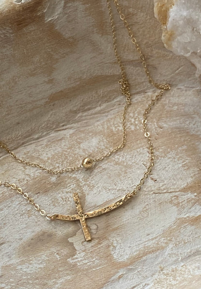 Hammered Curved Sideways Cross Necklace | Minimalist Jewelry