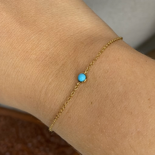 14K Dainty Turquoise Bezel Set Solitaire Bracelet | Fine Jewelry Layering Bracelet
