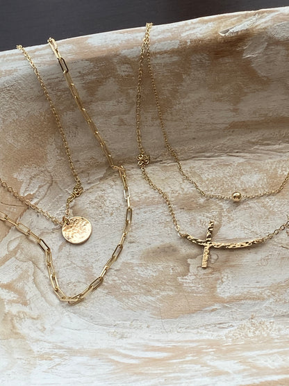 Hammered Curved Sideways Cross Necklace Set | Set of 2 Layered Necklaces