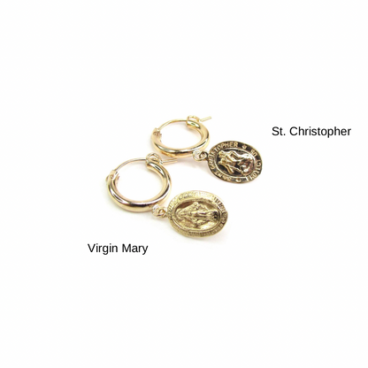 Virgin Mary & St. Christopher Charm Hoop Earrings | 14K Gold Filled Religious Jewelry