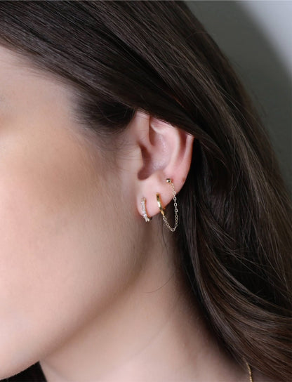 14K Gold Huggie Hoop and Ball Chain Earring | Handcuff Double Piercing Design