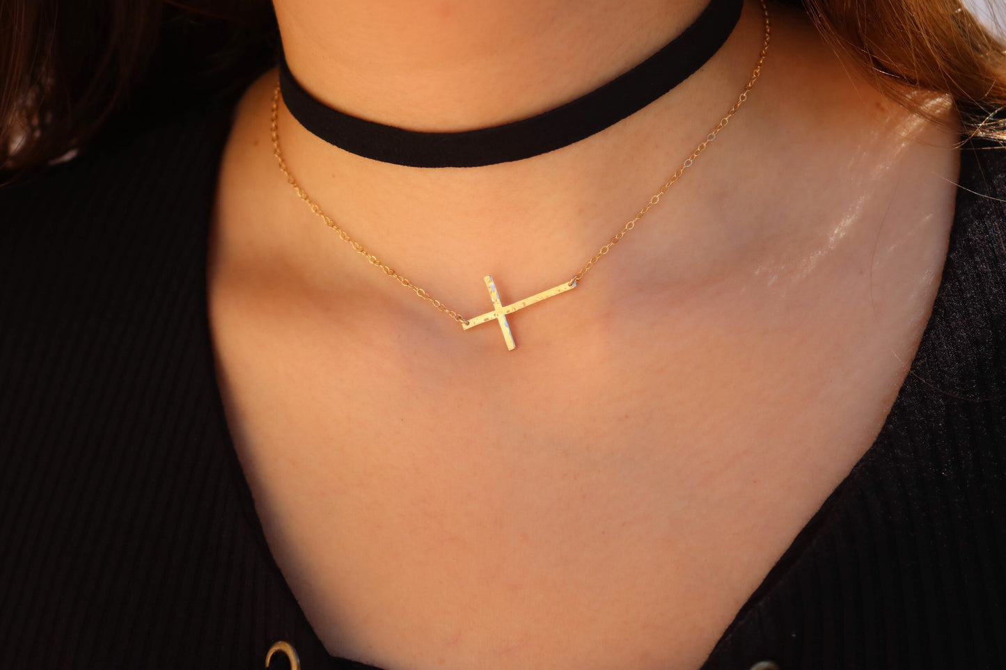 Hammered Sideways Cross Necklace | 2 Sizes Available