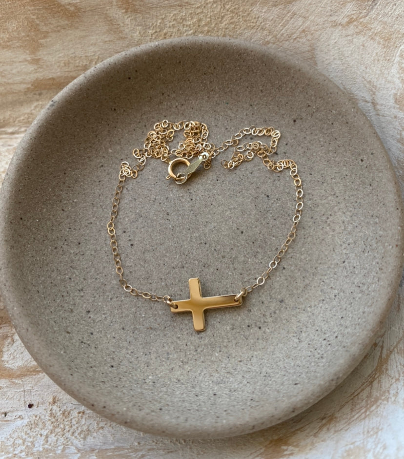 14K Gold Tiny Sideways Cross Necklace