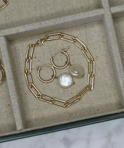 Coin Pearl Hoop Earrings | 14K Gold Filled or Sterling Silver | Dainty Pearl Hoops