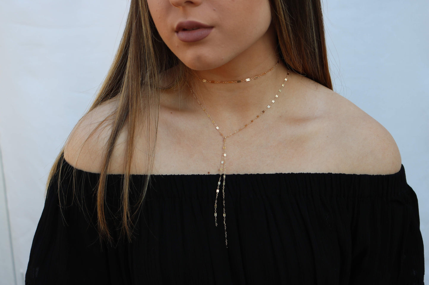 14K Solid Gold Lace Chain Choker | Reflective Mirror Bar Necklace