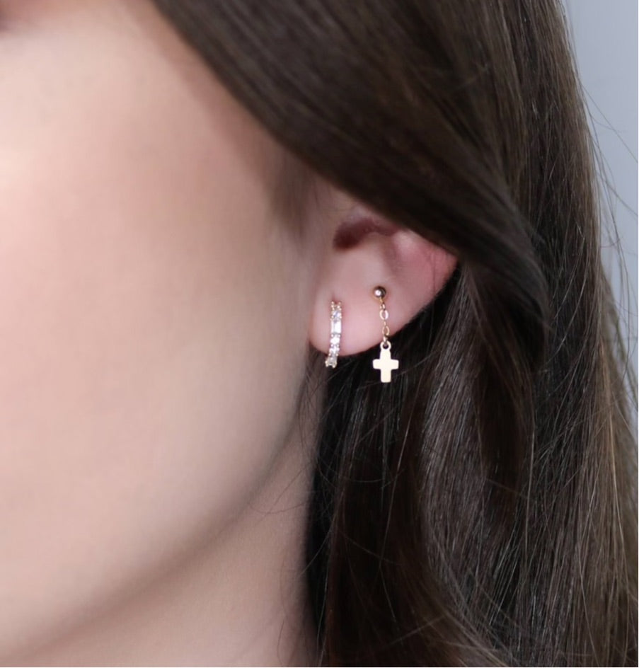 14K Solid Gold CZ Huggie Hoop Earrings | Channel Set with Click Closure