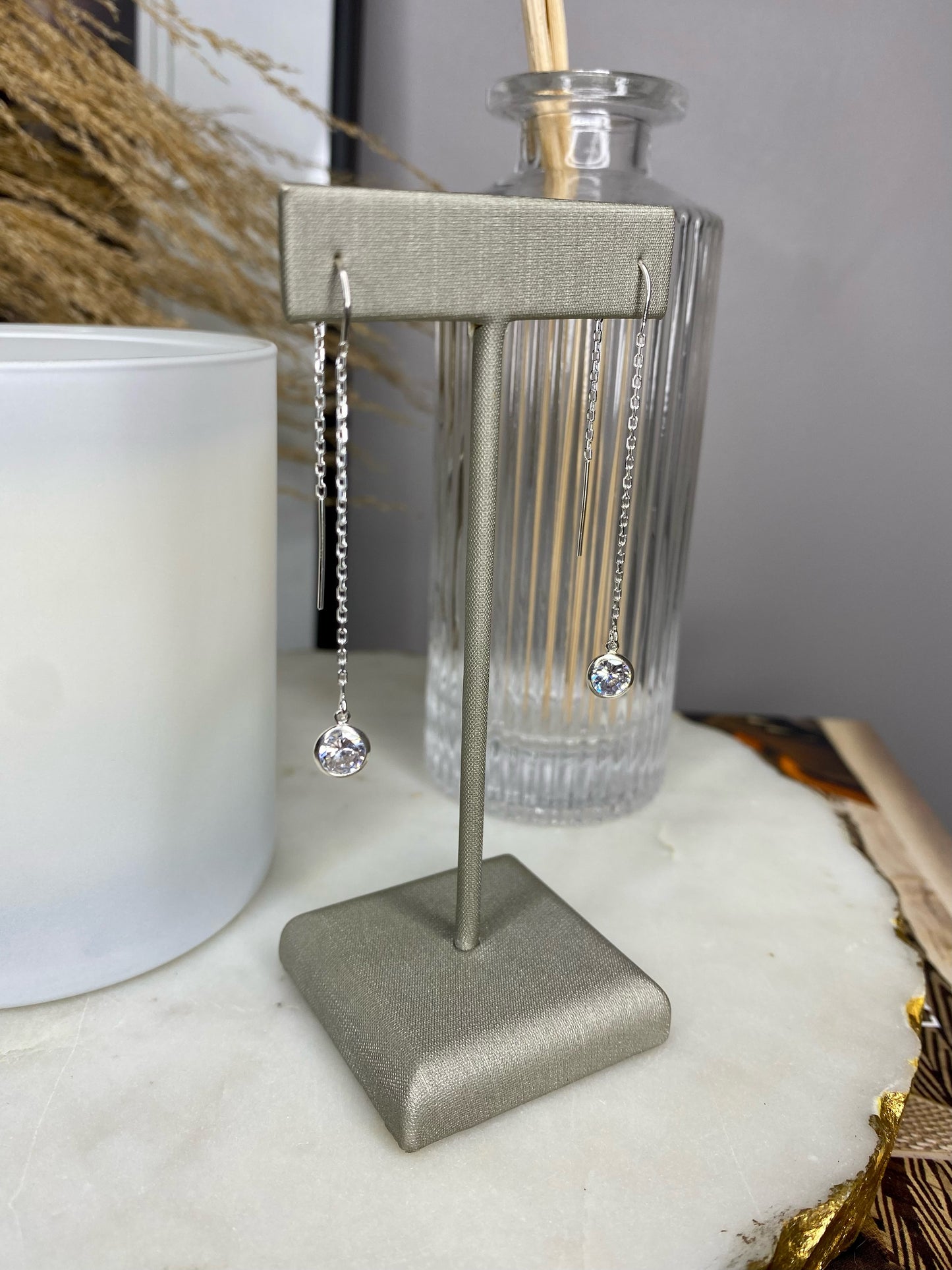 CZ Drop Threader Earrings | Box Chain Thread Thru Earrings
