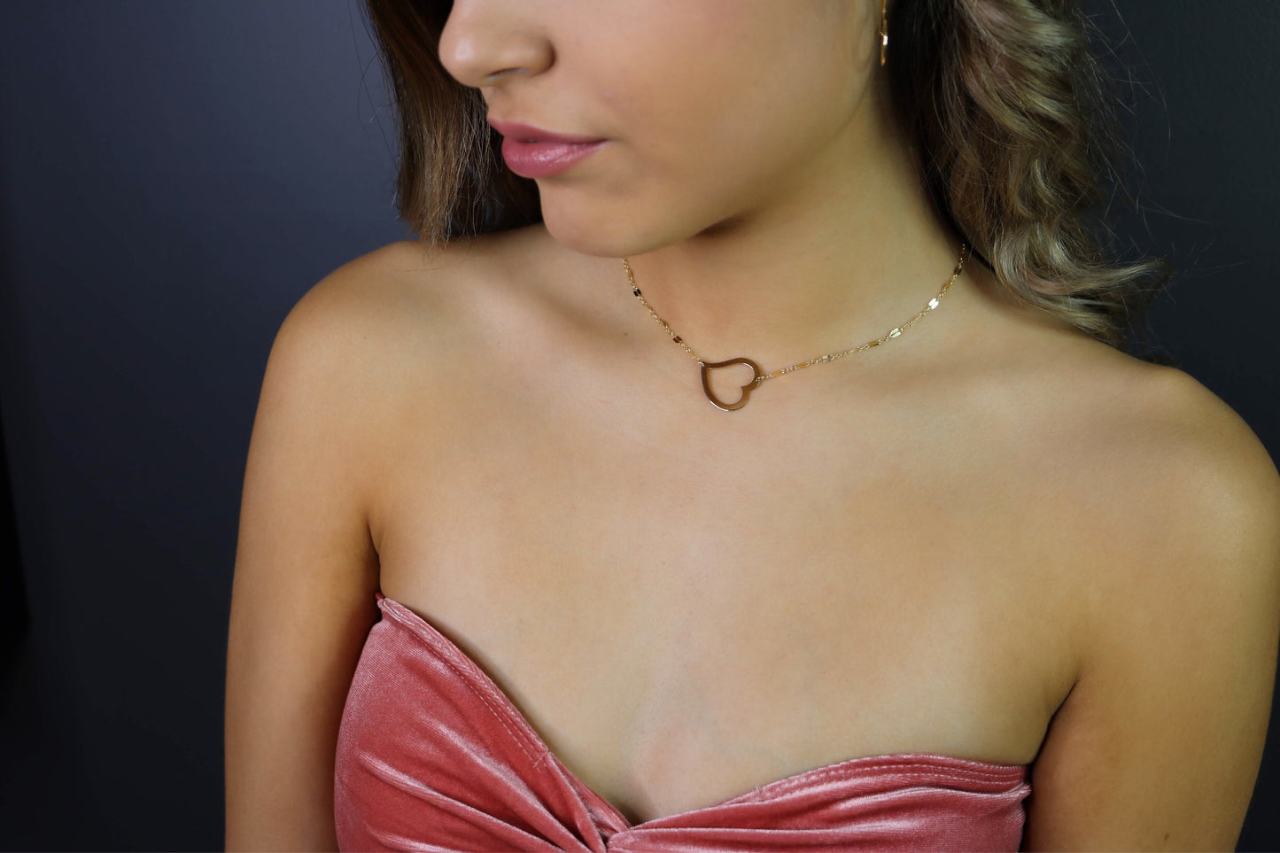 Open Heart Necklace | Tilted Large Heart Pendant | Mirror Bar Chain
