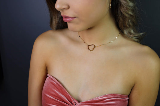 Open Heart Necklace | Tilted Large Heart Pendant | Mirror Bar Chain