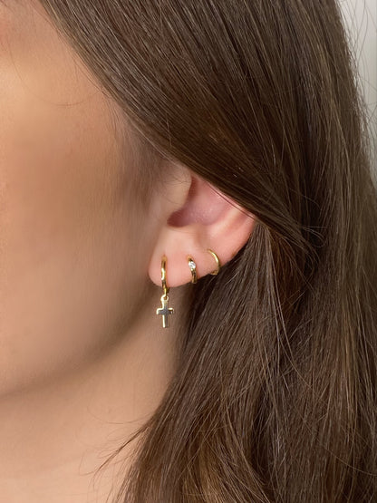 14K Hoop Earrings with Dangling Cross | Single or Pair