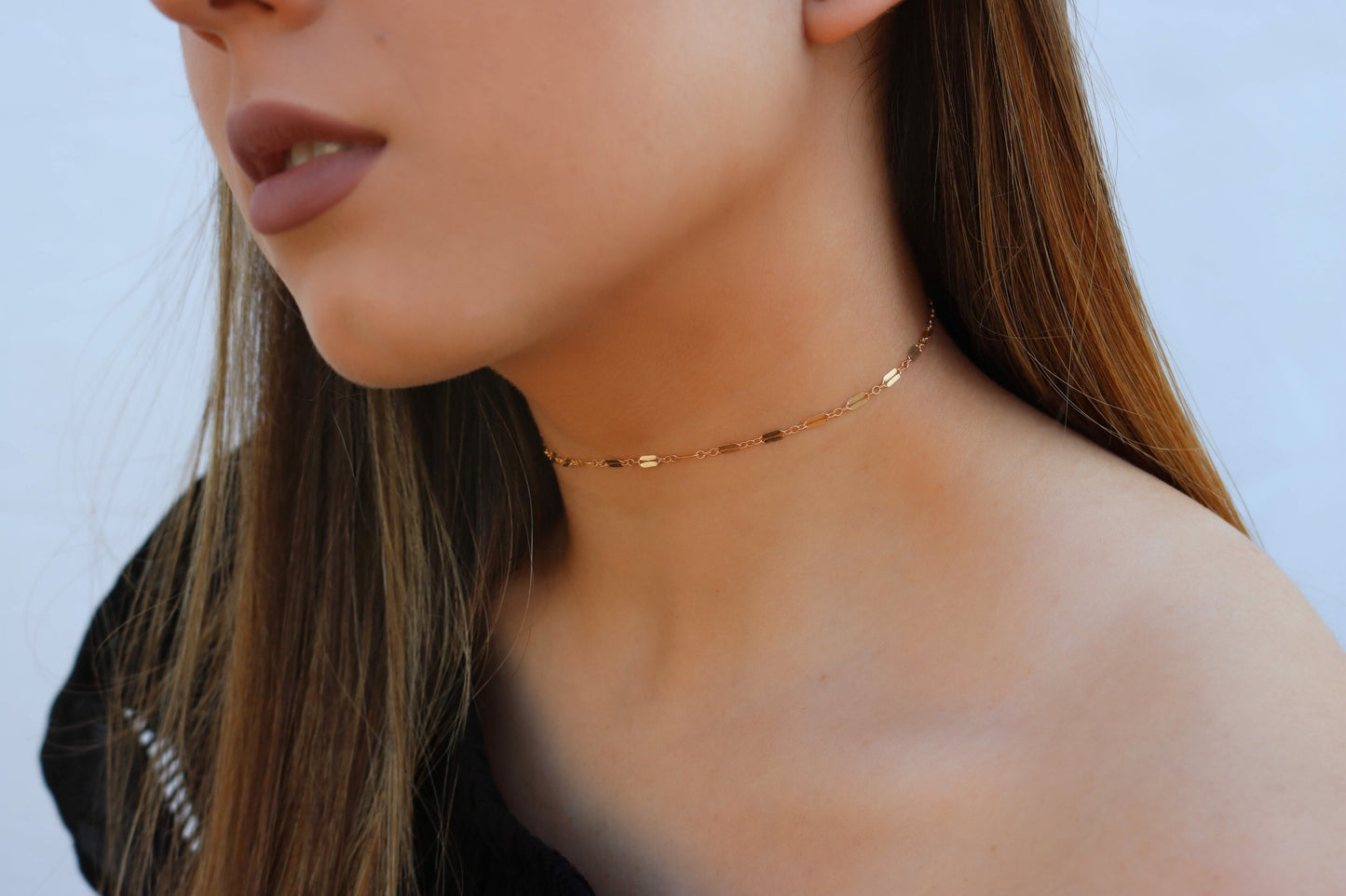 14K Solid Gold Lace Chain Choker | Reflective Mirror Bar Necklace