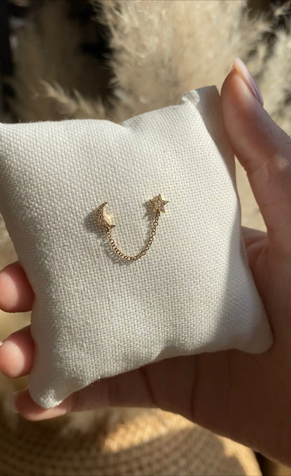 14K Diamond Moon + Star Handcuff Chain Earrings | Celestial Solid Gold Jewelry