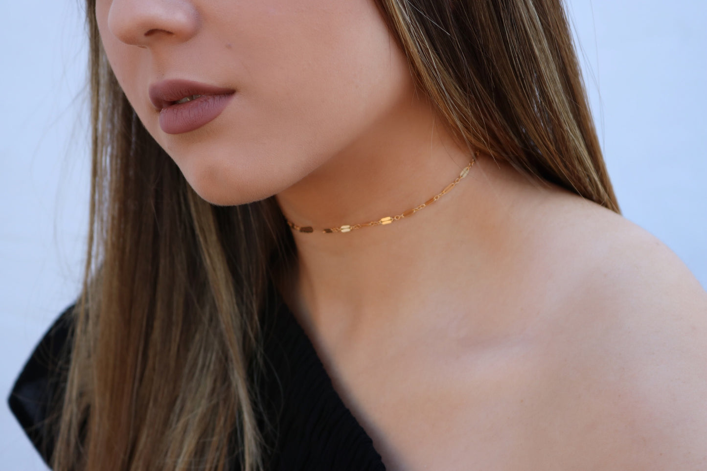 14K Solid Gold Lace Chain Choker | Reflective Mirror Bar Necklace