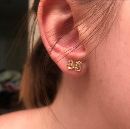 14K Gold Old English Stud Earrings | Solid Gold Letter Earrings | Personalized Alphabet Jewelry