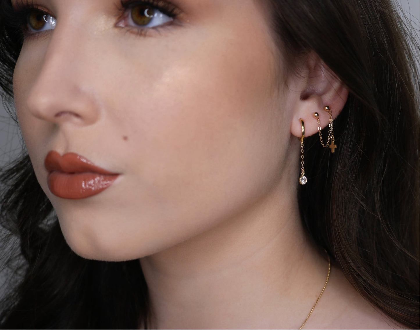 14K Yellow Gold Cross Earring | Handcuff Style | Double Piercing Chain Earrings