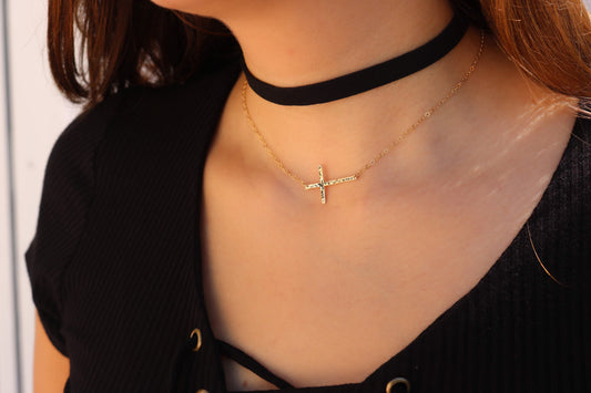 Hammered Sideways Cross Necklace