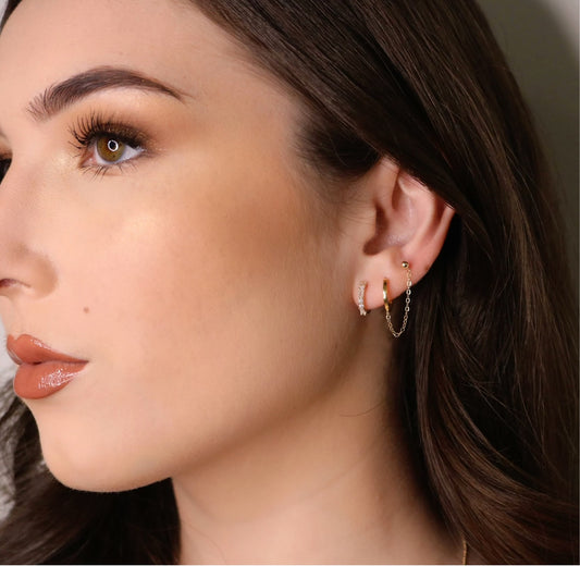 14K Gold Huggie Hoop and Ball Chain Earring | Handcuff Double Piercing Design