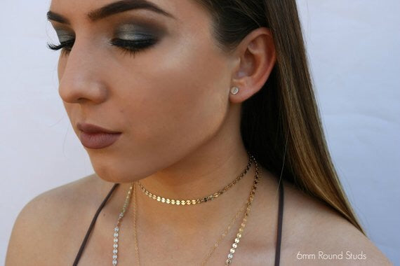 14K Circle Stud Earrings | Solid Yellow Gold | Matte & Polished Finishes