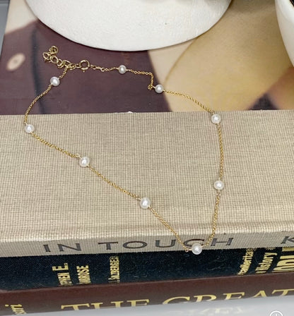 Freshwater Pearl Tin Cup Choker Necklace | 14K Gold Filled Station Chain