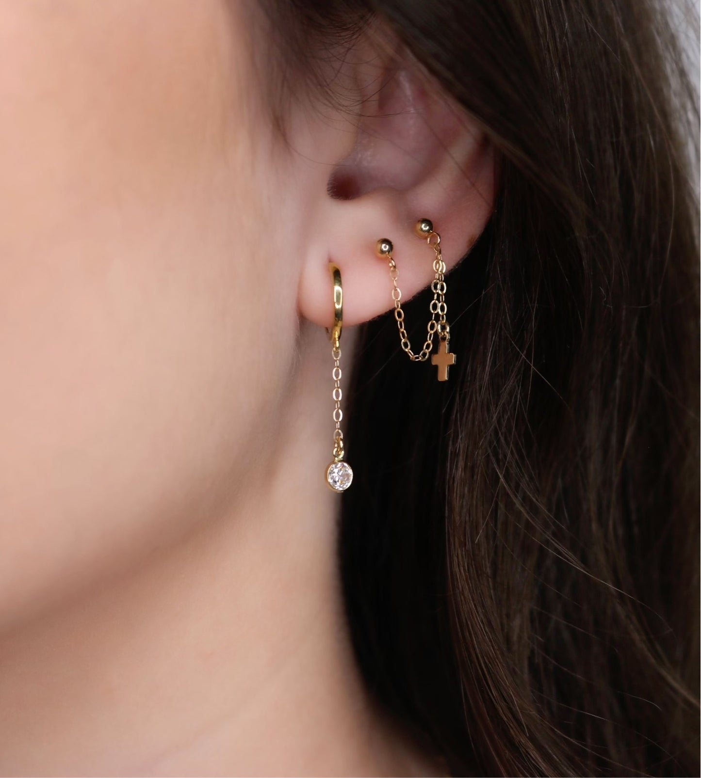 14K Yellow Gold Cross Earring | Handcuff Style | Double Piercing Chain Earrings