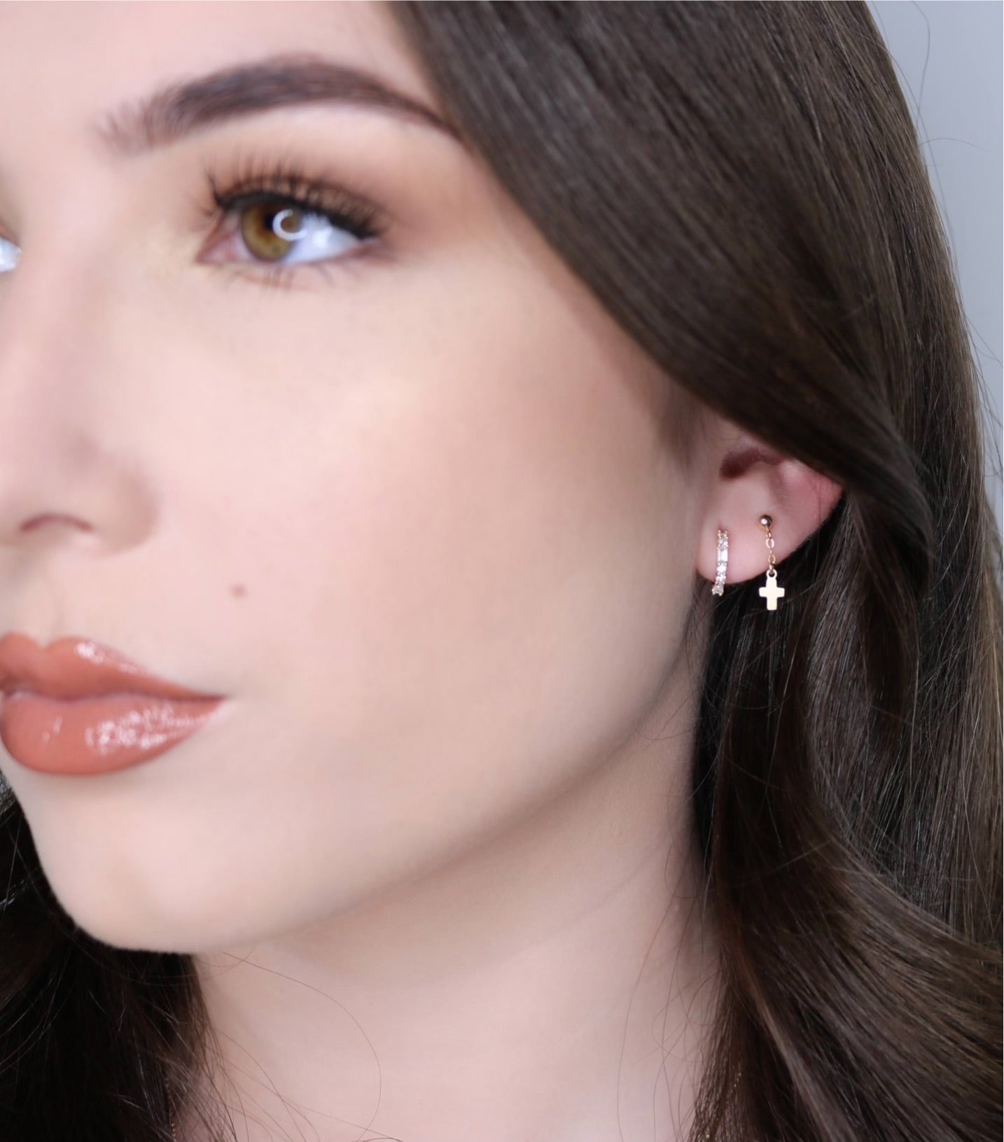 14K Solid Gold CZ Huggie Hoop Earrings | Channel Set with Click Closure