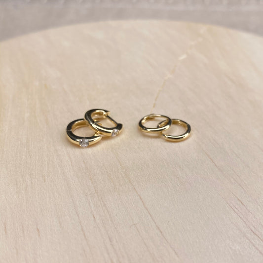14K Gold Tiny Hoop Earrings with Single CZ | Click Lock Closure | Single or Pair