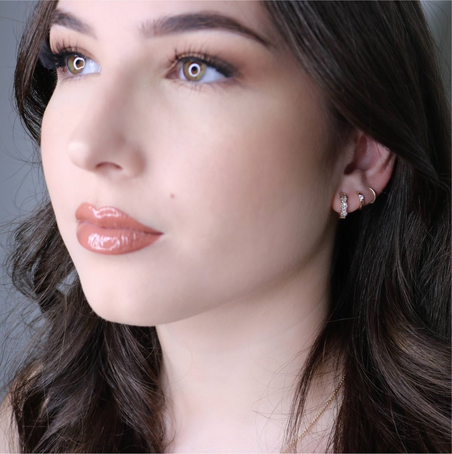 14K Solid Gold Princess & Round CZ Huggie Hoops | Click Closure