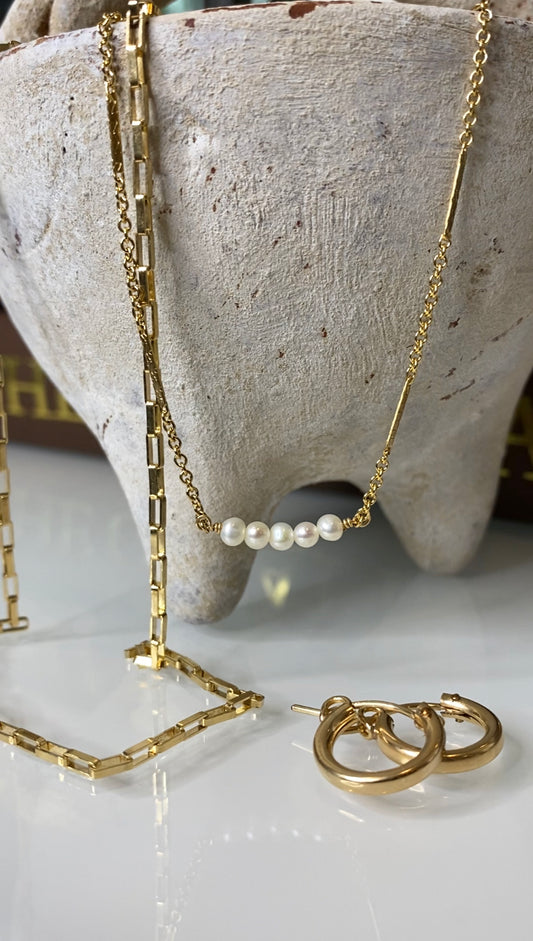 Pearl Bar Necklace | 5 Freshwater Pearls | Fancy Bar Chain
