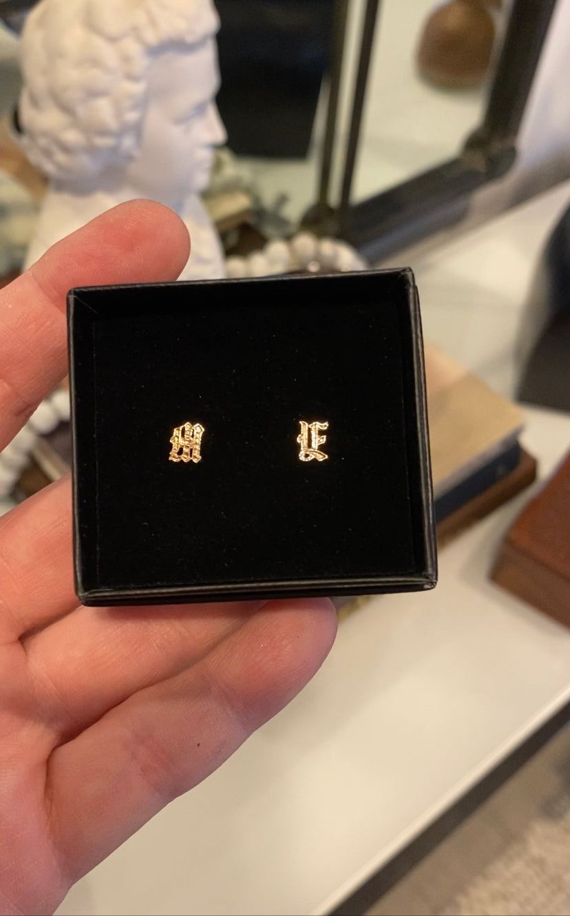14K Gold Old English Stud Earrings | Solid Gold Letter Earrings | Personalized Alphabet Jewelry